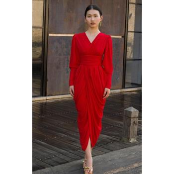 氣質顯瘦V領泡泡袖修身晚禮服