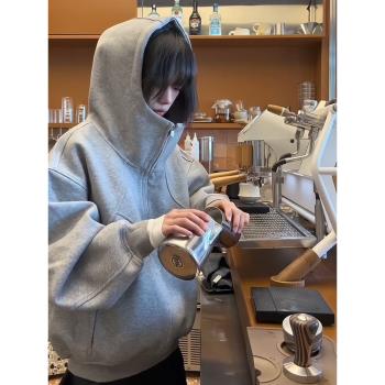 美式重磅廓形外套女加絨加厚秋冬2025新款高階感拼接連帽灰色衛衣