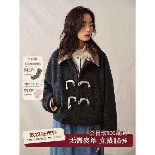 octopusme章魚家寬松拼接毛領夾克款毛呢外套牛角扣大衣女秋冬