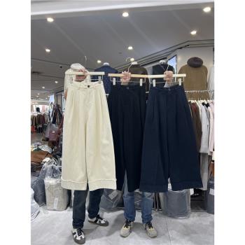 冬新款復古卷邊日系加厚加絨闊腿褲女簡約休閑半松緊保暖顯瘦長褲
