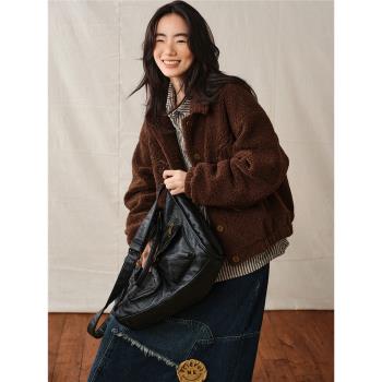 octopusme章魚家襯衫領刺繡短羊羔毛保暖厚外套寬松落肩棉衣棉服