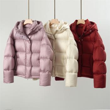 高階大牌90白鵝絨羽絨服女士短款高蓬禦寒加厚新款粉色泡芙鵝絨服