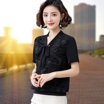 夏季v領套頭洋氣小衫短袖2025年新款遮肚子雪紡衫女時尚蕾絲上衣