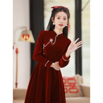 中式回門便裝酒紅色小禮服旗袍