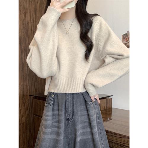 圓領軟糯毛衣女春秋2025新款慵懶寬松顯瘦套頭長袖短款針織衫上衣