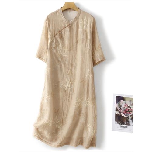 高端苧麻碎花連衣裙夏季女裝2025新款氣質文藝棉麻旗袍裙子改良版