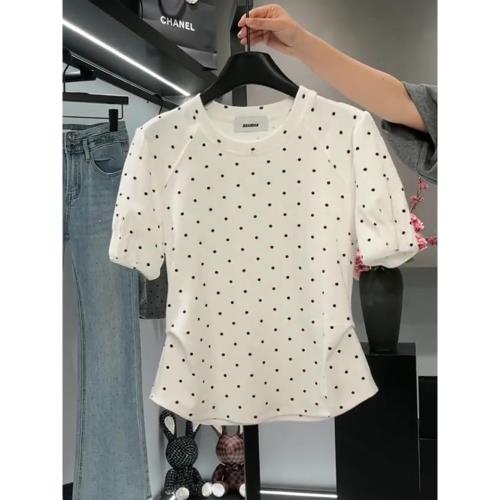 韓系掐腰設計感小眾顯瘦氣質短款上衣白色波點圓領T恤短袖女夏季