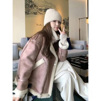 粉色氛圍感機車服皮毛一體外套女2025秋冬季新款小個子羊羔毛棉服