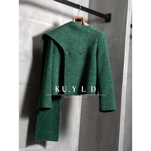 歐洲站時髦Vintage綠色雙面高支雙面羊毛短外套圍脖一體夾克大衣