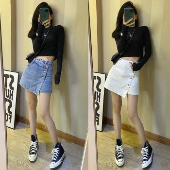 韓版夏裝單排扣不對稱牛仔短褲