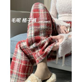 格子褲女春秋冬季2025新款高腰寬松慵懶直筒休閑毛呢加絨闊腿褲子