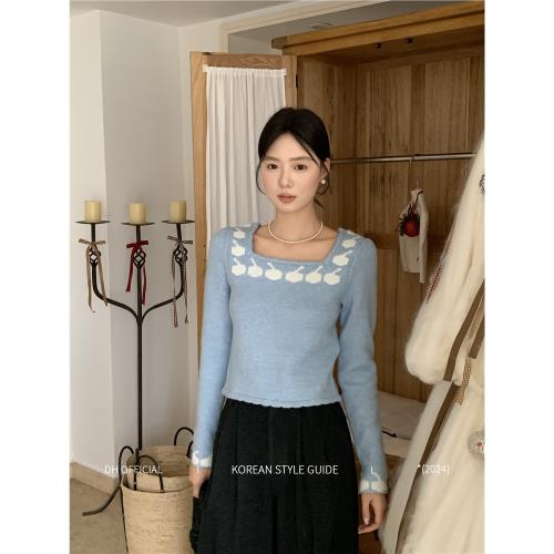 限時清倉丨 大花【藍色記憶 blue】ins方領毛衣海藍色簡約波浪邊