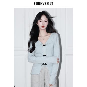 Forever21韓系蝴蝶結V領針織小衫女淺藍色chic修身木耳邊打底上衣