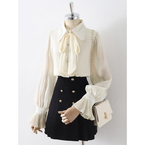 氣質絲光雙層防透燈籠袖襯衫女夏季設計感小眾長袖蝴蝶結別致上衣