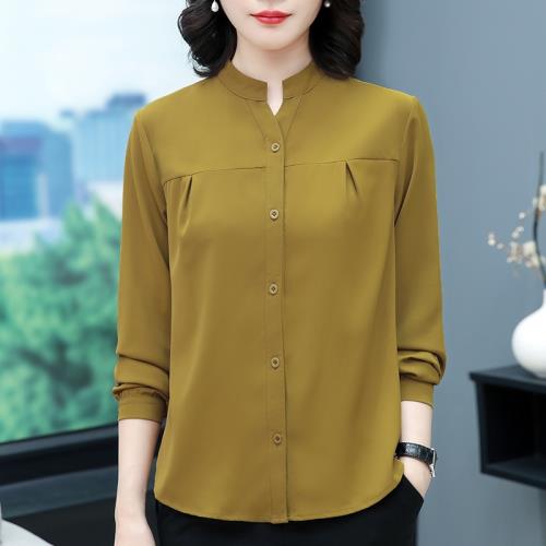 長袖襯衣女媽媽裝2025新款早秋寬松大碼黃色洋氣立領雪紡小衫上衣