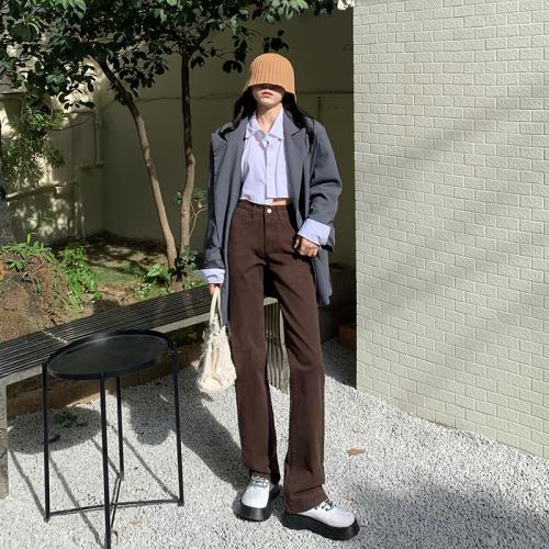 ZAZN2023年韓國直筒咖啡色牛仔褲高腰顯瘦寬松長煙管褲彈力拖地褲