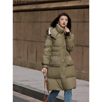 Basic House/百家好原野綠長款廓形連帽90白鴨絨羽絨服外套女冬季