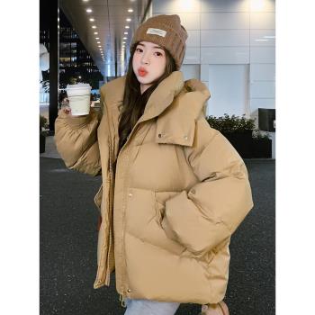 90白鴨絨超好看短款羽絨服女2024新款冬季韓版卡其色加厚連帽外套