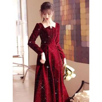 敬酒服新娘2025新款氣質紅裙平時可穿酒紅色晚禮服絲絨訂婚回門服
