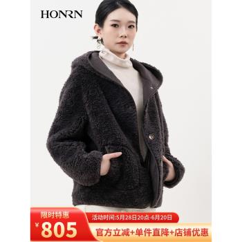 HONRN/紅人2024新款小個子搖粒絨復古保暖外套皮毛一體HJ59OS148