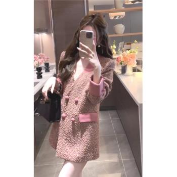 小香風粉色拼接西裝外套女2025年春季高階感中長款粗花呢針織西服