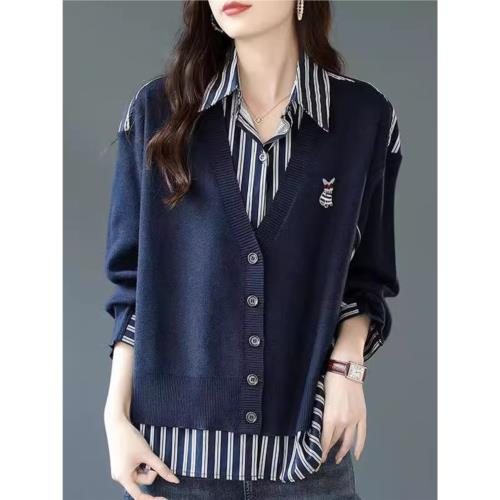 歐洲站2026春季韓版新款假兩件拼接針織衫設計感條紋襯衫百搭上衣