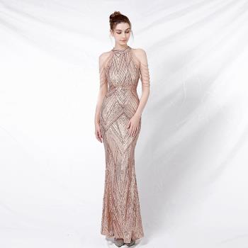 金色晚禮服女主持高階感高定掛脖輕奢小眾高階氣質名媛流蘇魚尾裙