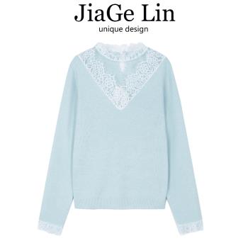 JiaGeLin法式氣質甜美蕾絲拼接針織衫女秋冬藍色溫柔軟糯打底上衣
