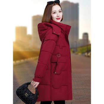 紅色羽絨棉服棉衣女中長款加厚冬裝外套2025新款冬季媽媽保暖棉襖