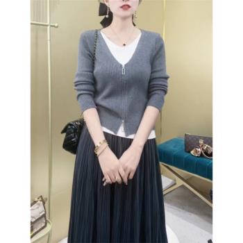 三桔秋冬時尚套裝女士灰色假兩件針織衫毛衣高腰褶皺A字半身裙dm