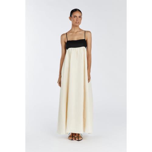 dissh澳洲小眾設計亞麻連衣裙抽褶寬松拼接長款無袖性感吊帶裙