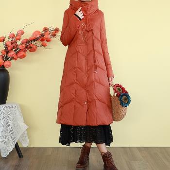 復古國風刺繡花90白鴨絨羽絨服女冬季加厚保暖外套盤扣連帽中長款