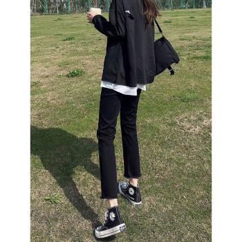黑色煙管直筒牛仔褲女2025年春秋新款小個子女士秋冬加絨法棍褲子