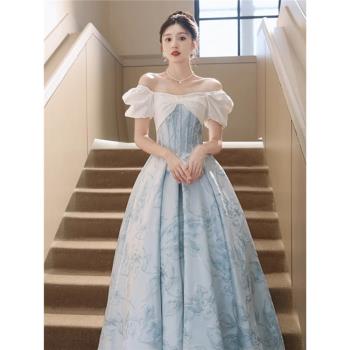 藍色一字肩晚禮服女法式小眾高階學生日成人禮藝考主持公主裙年會