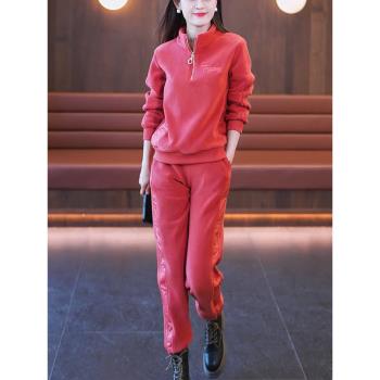 春秋款加絨加厚時尚拉鏈立領衛衣套裝女2025年新款氣質時尚兩件套