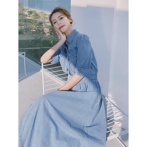 法式獨特牛仔連衣裙女春夏2026年新款氣質收腰短袖襯衫長裙高級感