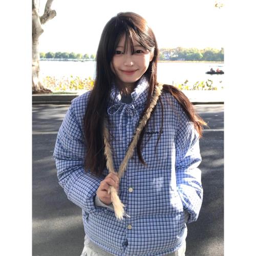 藍色格紋立領棉服女冬季可拆卸馬甲加厚面包服寬松學院風保暖外套