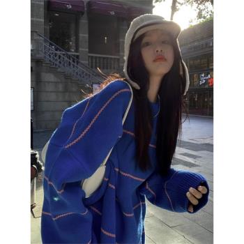 美式復古慵懶風克萊因藍色條紋毛衣女秋冬軟糯加厚高階感針織上衣