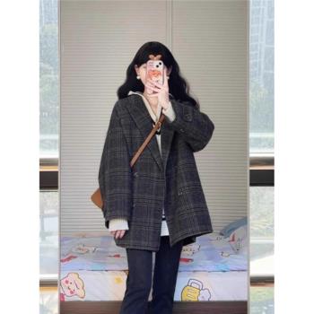 復古格子毛呢西裝外套女2024冬季大碼女裝赫本風寬松加厚呢子大衣