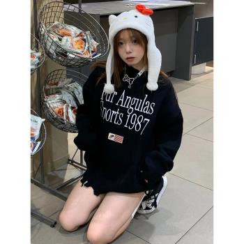 慵懶風毛衣女早春美式字母圖案印花破洞針織外套寬松設計感上衣