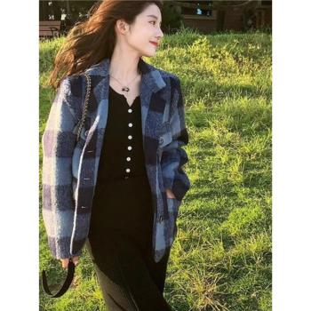 復古藍色格子西裝外套女秋冬季大碼女裝韓版赫本風加厚毛呢大衣潮