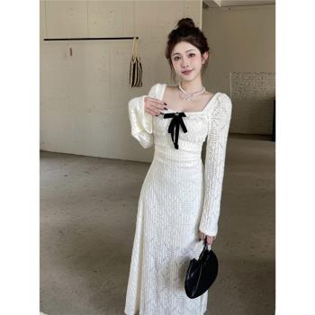 GirlsAt18 法式高級蕾絲白色長袖連衣裙女秋冬溫柔風氣質修身長裙
