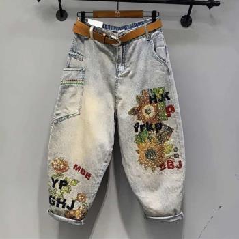 歐洲站2025夏季新款重工燙鉆印花寬松顯瘦做舊水洗松緊腰牛仔褲女