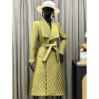 品諾狐加棉加厚保暖中長款棉服女2025冬季新品軍綠色翻領修身外套