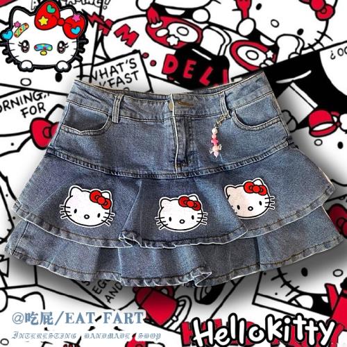 吃屁 誰穿誰可愛 原創kitty貓Y2K千禧辣妹牛仔短裙 a字蛋糕半身裙