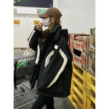 黑色韓版學院風連帽羽絨服女2025冬季新款90白鴨絨工裝沖鋒衣外套