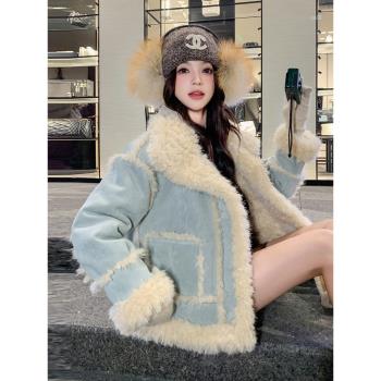 藍色超好看皮毛一體外套女2025秋冬季新款韓系加絨加厚短款羊羔毛