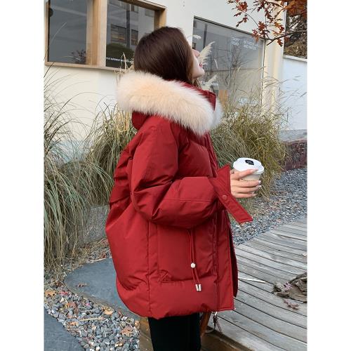新年紅色大毛領連帽大口袋羽絨服女2025冬季新款設計感保暖面包服