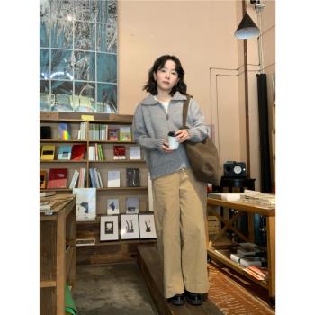ifbeer復古卡其色燈芯絨韓版高腰直筒闊腿休閑褲寬松女長褲韓秋冬