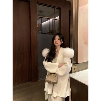 千金風狐貍毛毛領羊毛雙面呢大衣女2024新款小個子羊絨毛呢外套